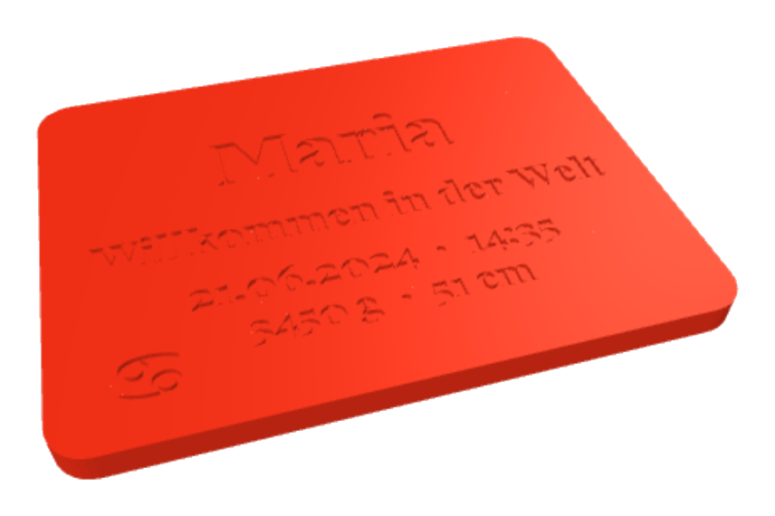 3D-gedruckte Babymetrik-Plakette mit Name, Datum und Sternzeichen