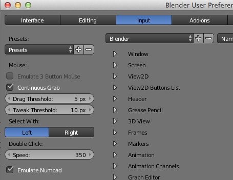 Blender User Preferences: Select with left einstellen