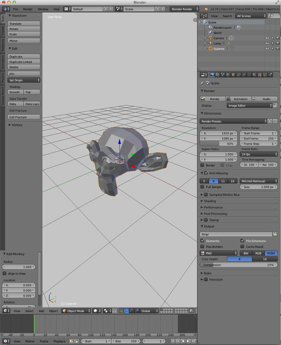 Blender Object Mode mit 3D-View und Editoren